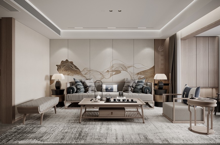 西安(ān)魯班裝(zhuāng)飾華清學(xué)府城150平米新(xīn)中(zhōng)式設計——沙發背景牆效果圖