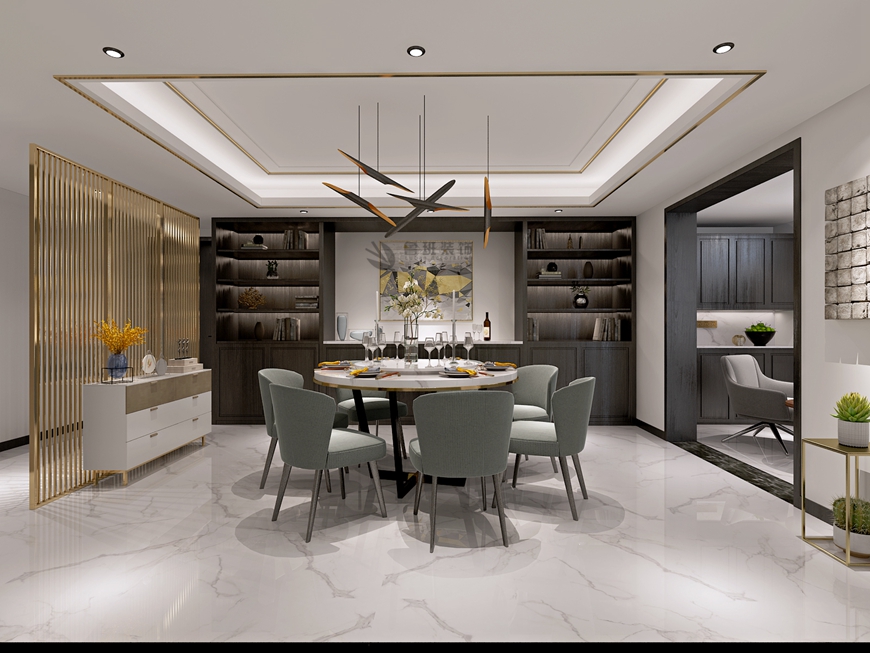西安(ān)魯班裝(zhuāng)飾出品中(zhōng)海曲江大城200平米現代輕奢風設計雷策主筆(bǐ)設計——餐廳設計效果圖