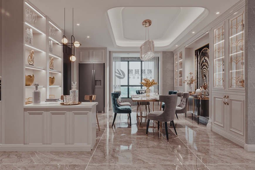 西安(ān)魯班裝(zhuāng)飾出品金地西沣公(gōng)元160平米四居室現代輕奢張巍設計師主筆(bǐ)——餐廳設計效果圖