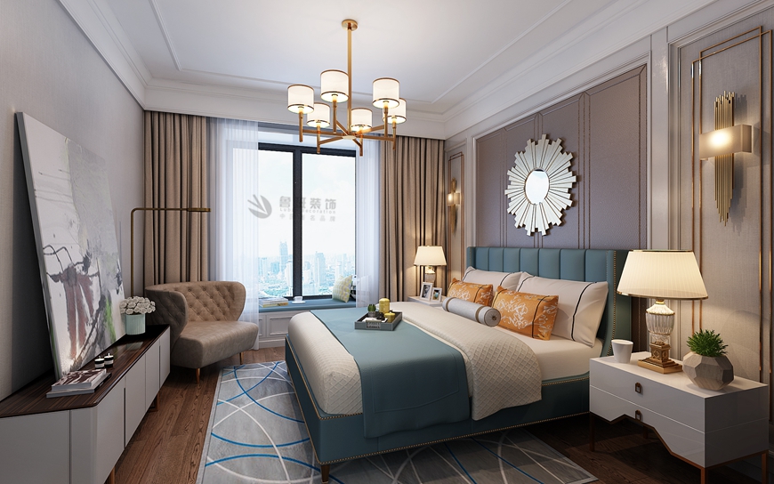 西安(ān)魯班裝(zhuāng)飾出品天創雲墅170平米四居室美式輕奢塗黎設計師主筆(bǐ)——主卧設計效果圖