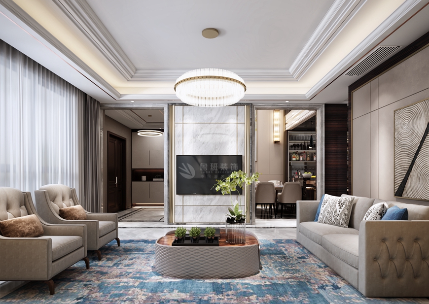 西安(ān)魯班裝(zhuāng)飾出品中(zhōng)建昆明瀾庭230平米現代輕奢設計楊立邦設計師主筆(bǐ)——客廳電(diàn)視背景牆設計效果圖