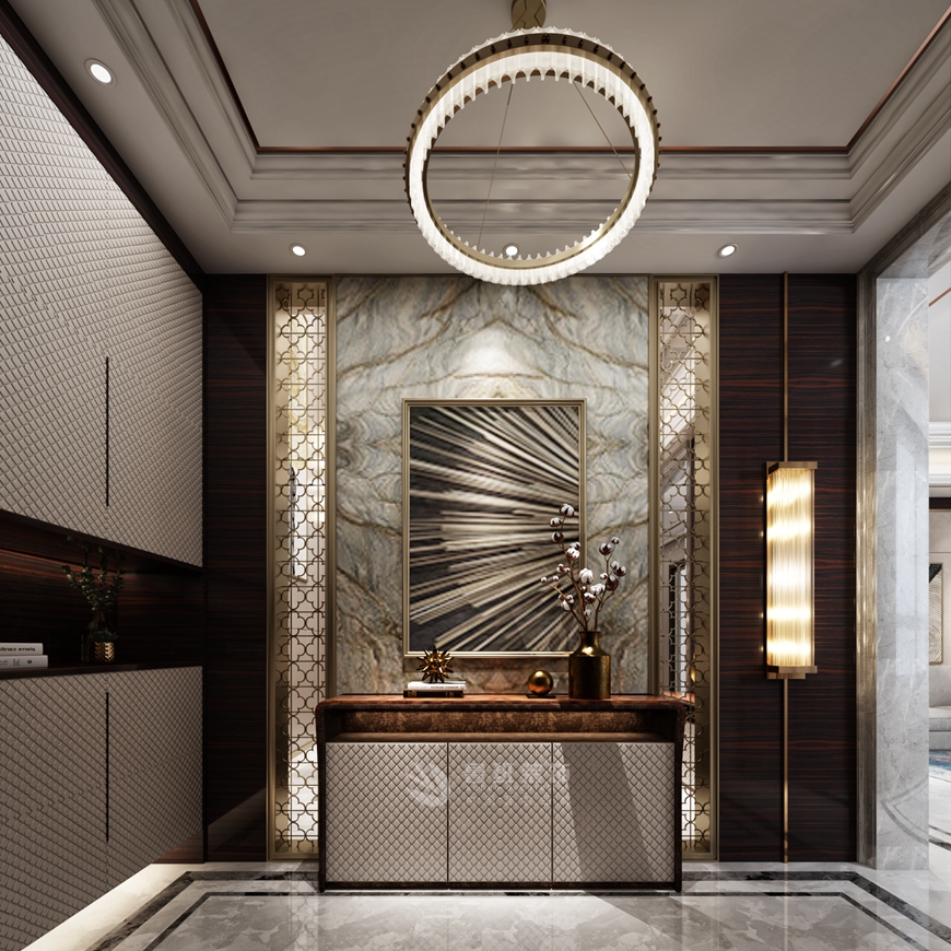 西安(ān)魯班裝(zhuāng)飾出品中(zhōng)建昆明瀾庭230平米現代輕奢設計楊立邦設計師主筆(bǐ)——玄關設計效果圖